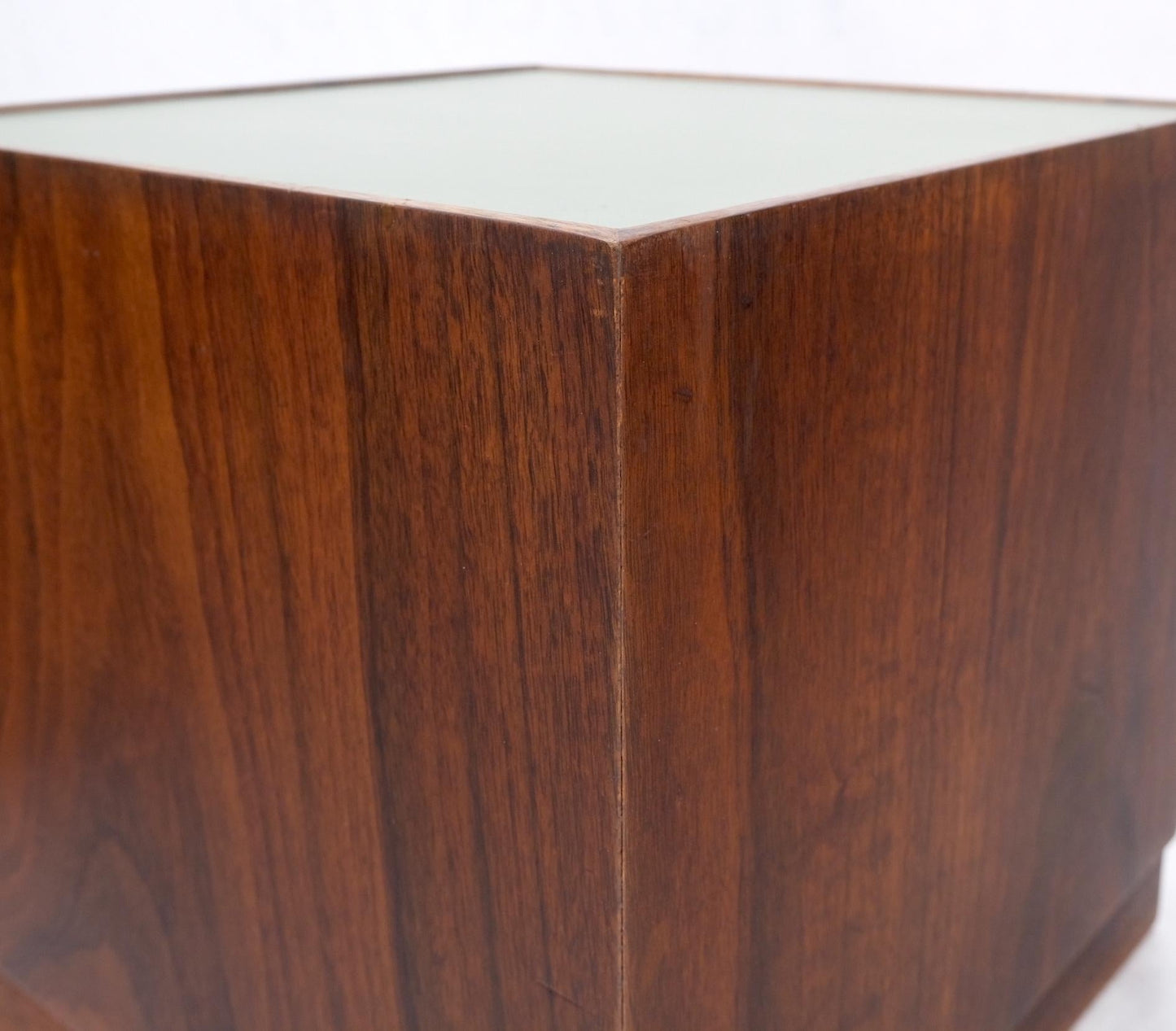 EstablishedLines Pair of Cube Shape Walnut Mid-Century Modern End Side Occasional Tables Stands