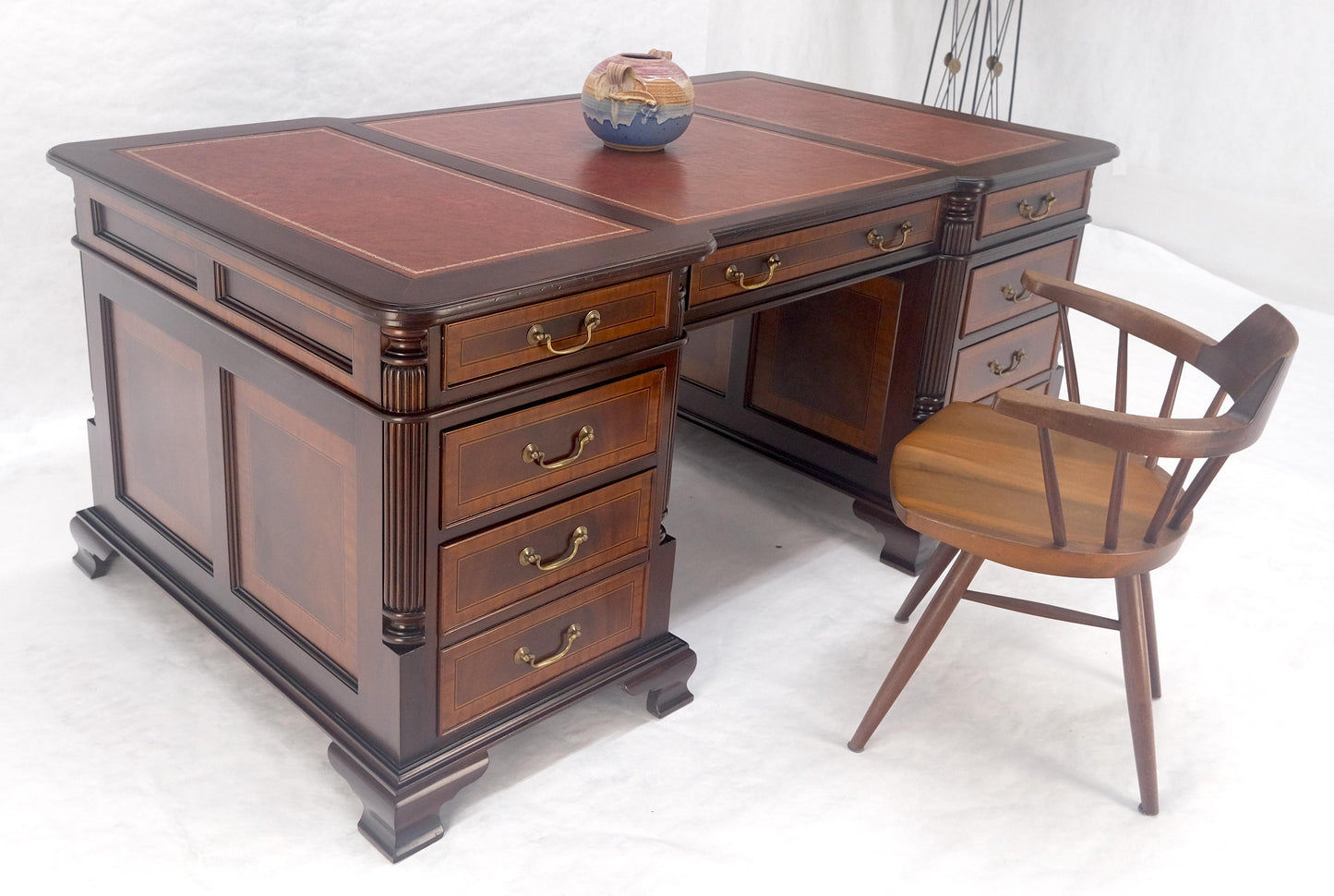 EstablishedLines Large Double Pedestal Embossed Leather Top Mahogany Partners Desk MINT