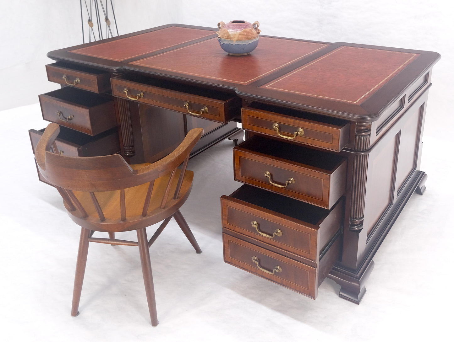 EstablishedLines Large Double Pedestal Embossed Leather Top Mahogany Partners Desk MINT