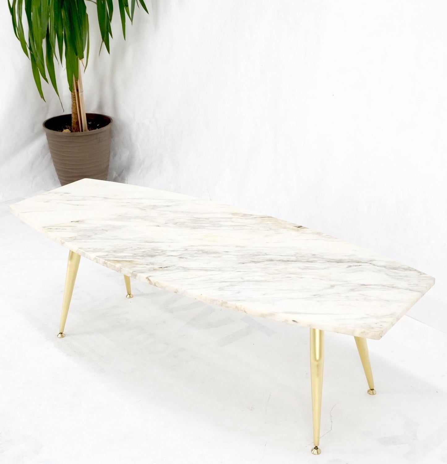 EstablishedLines Boat Shape Marble Top Tapered Cone Shape Brass Legs Coffee Table Mint