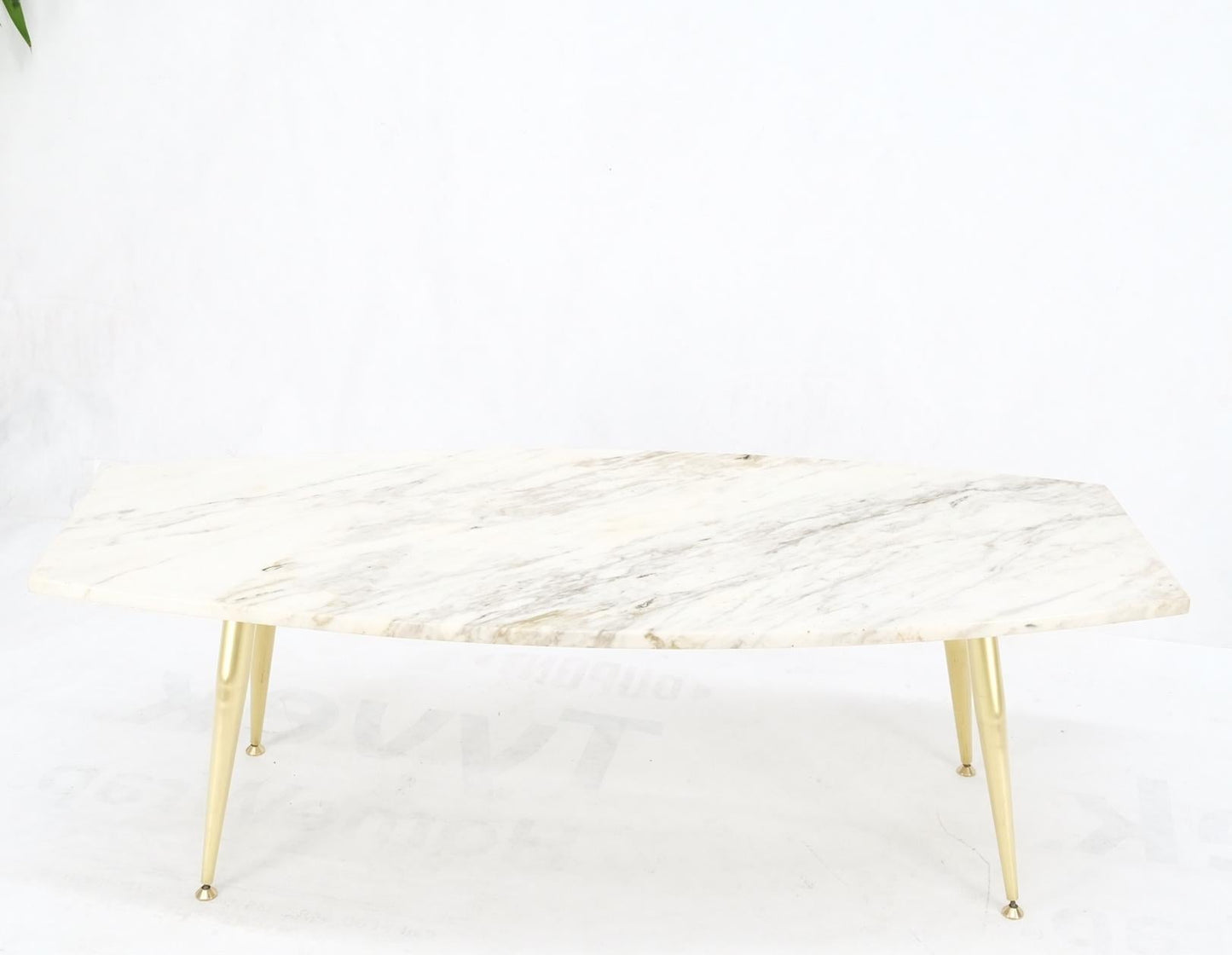 EstablishedLines Boat Shape Marble Top Tapered Cone Shape Brass Legs Coffee Table Mint