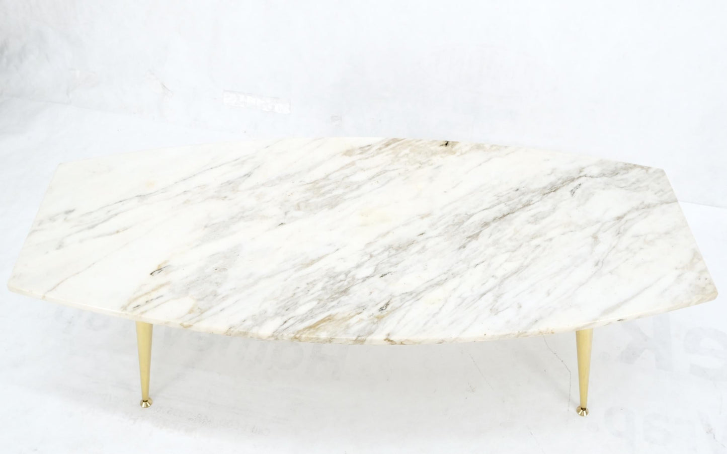 EstablishedLines Boat Shape Marble Top Tapered Cone Shape Brass Legs Coffee Table Mint