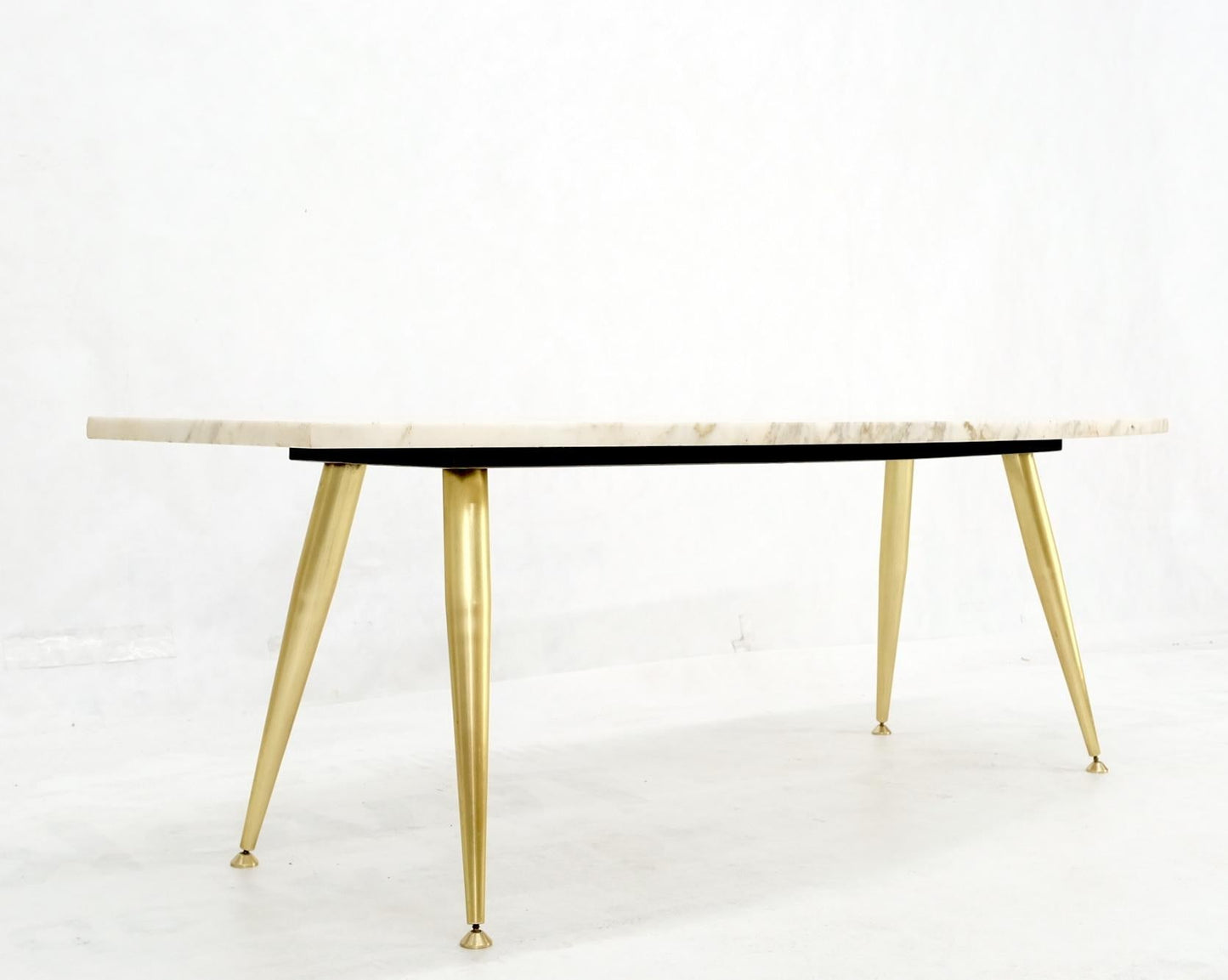 EstablishedLines Boat Shape Marble Top Tapered Cone Shape Brass Legs Coffee Table Mint