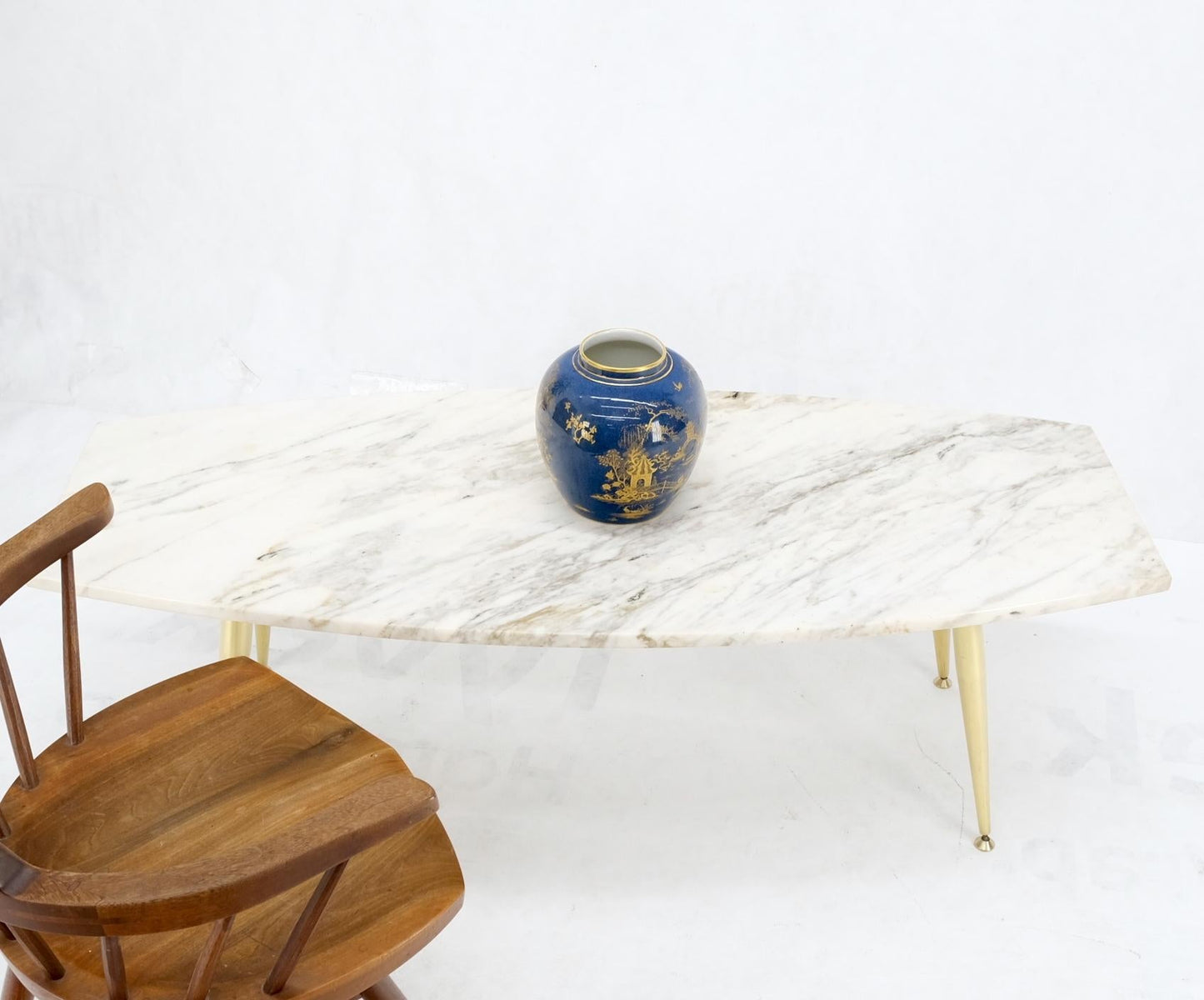 EstablishedLines Boat Shape Marble Top Tapered Cone Shape Brass Legs Coffee Table Mint