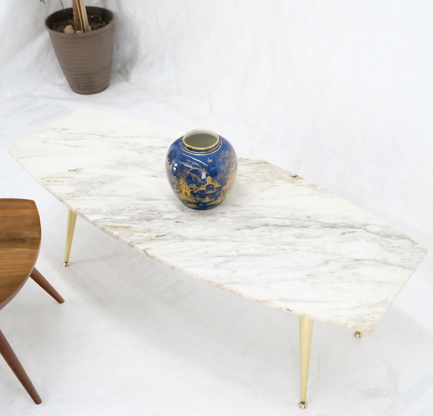 EstablishedLines Boat Shape Marble Top Tapered Cone Shape Brass Legs Coffee Table Mint
