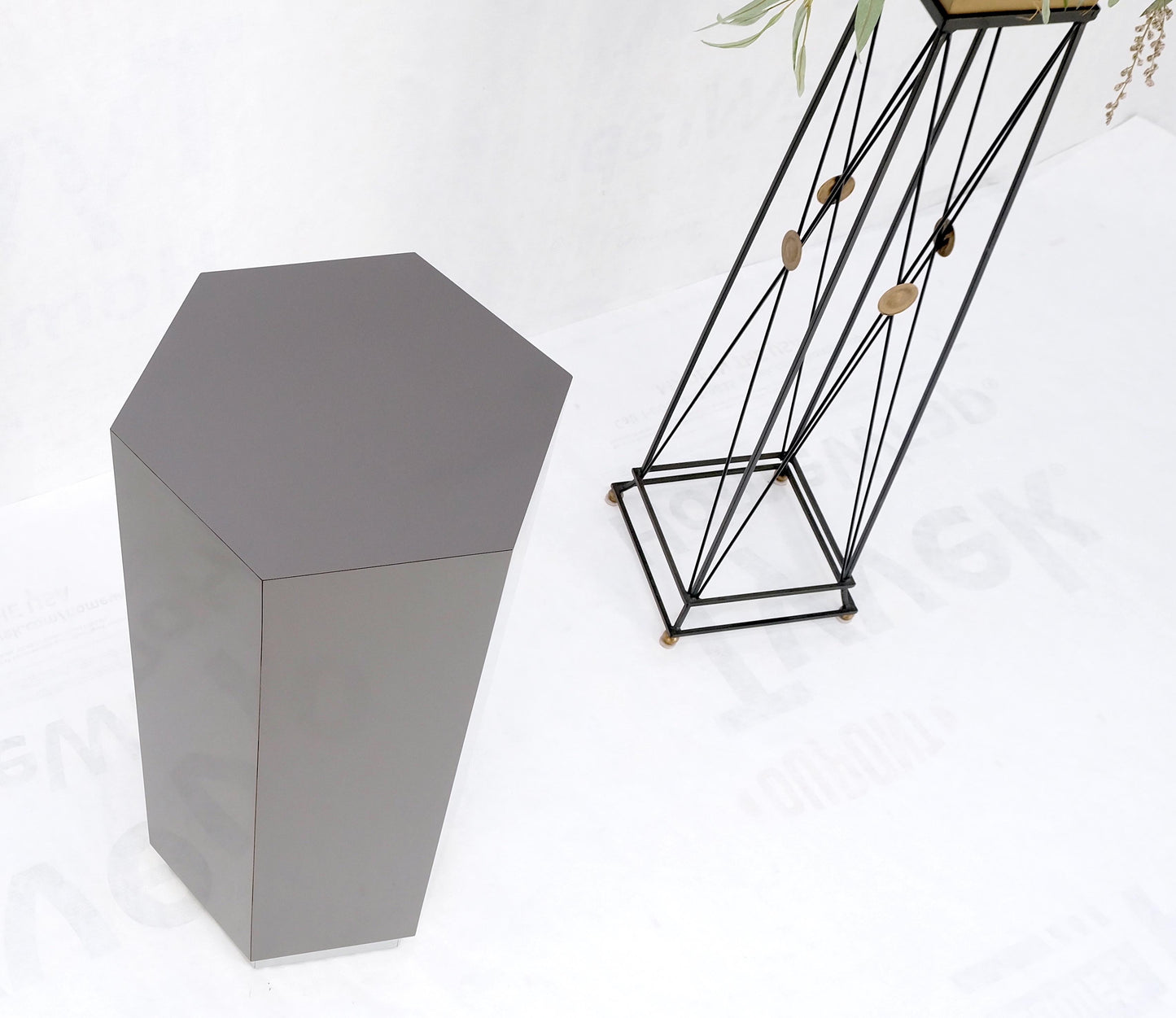 EstablishedLines Grey Laminate Aluminum Base Hexagon Shape Mid-Century Modern Pedestal