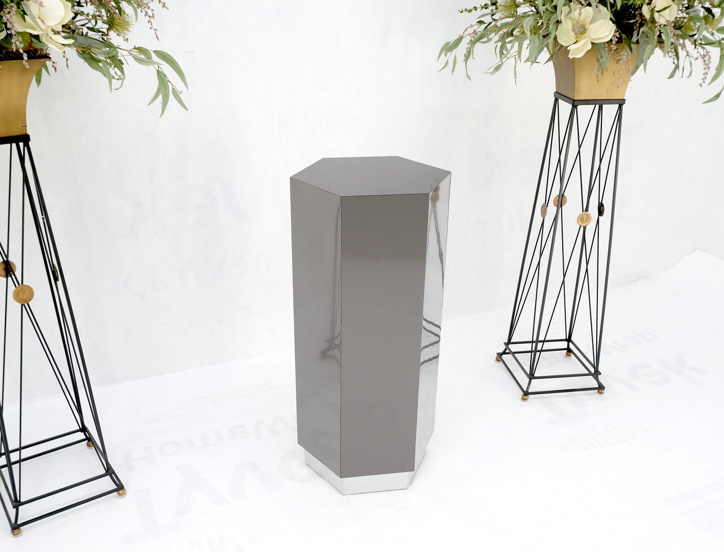 EstablishedLines Grey Laminate Aluminum Base Hexagon Shape Mid-Century Modern Pedestal