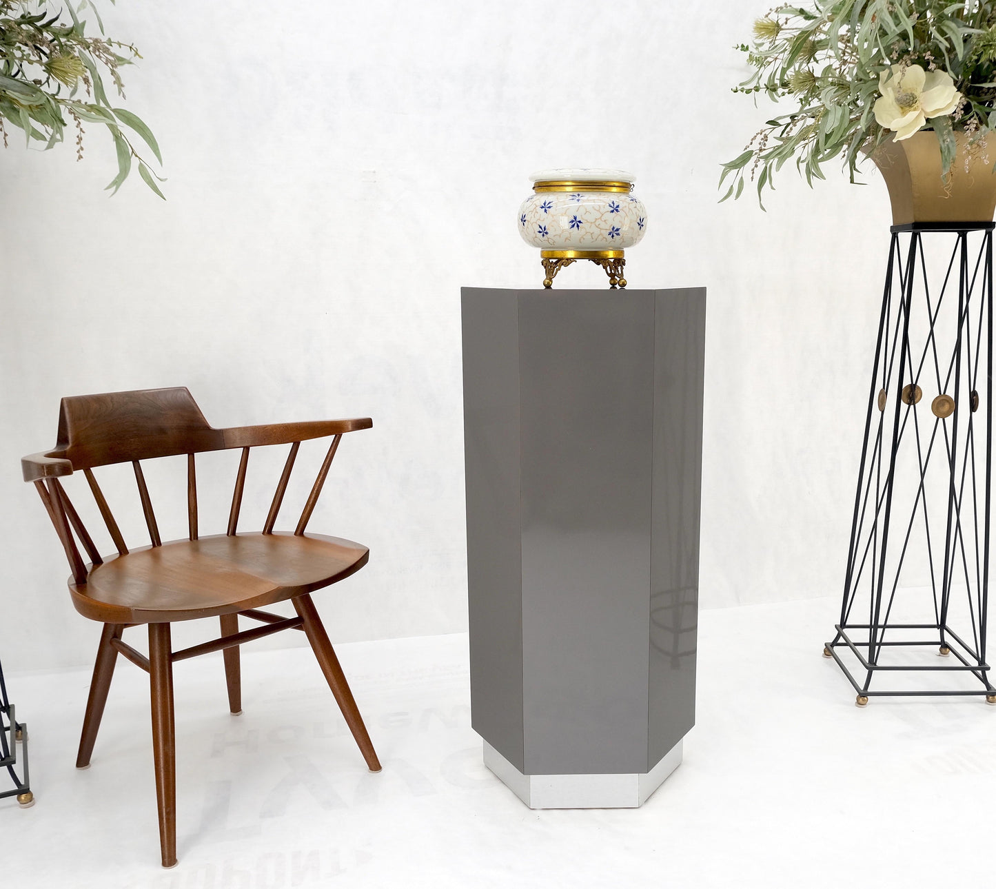 EstablishedLines Grey Laminate Aluminum Base Hexagon Shape Mid-Century Modern Pedestal
