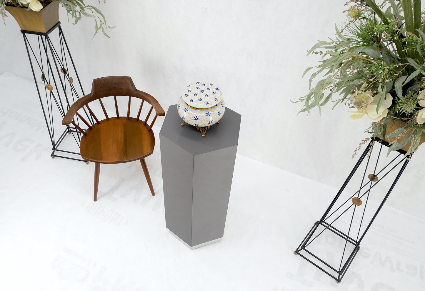 EstablishedLines Grey Laminate Aluminum Base Hexagon Shape Mid-Century Modern Pedestal