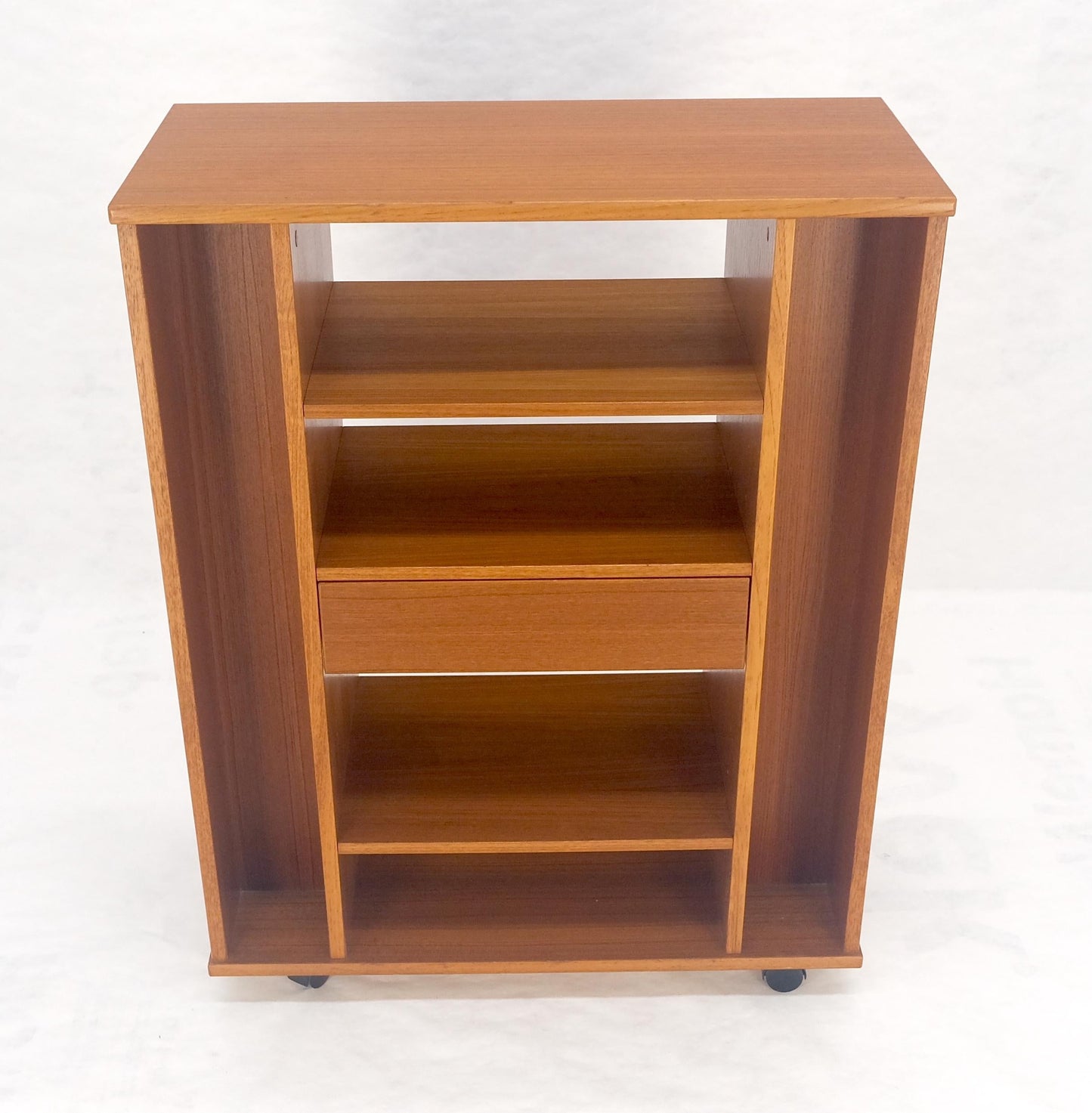 EstablishedLines Danish Mid Century Modern 1970s Teak Bookcase Entertainment Center on Wheels