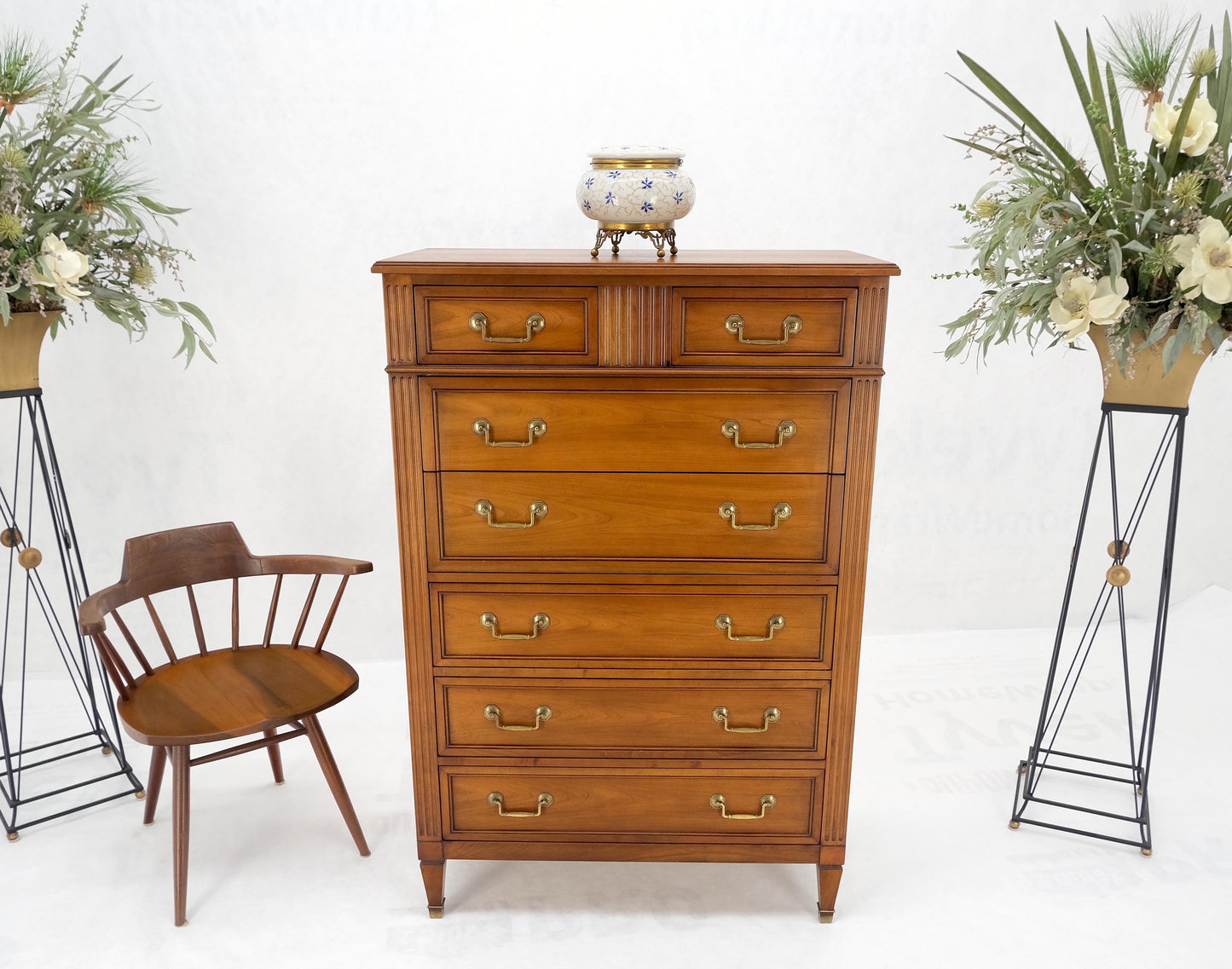 EstablishedLines Kindel 7 Drawers Fruitwood Heavy Brass Drop Pulls High Chest Tall Dresser Mint!