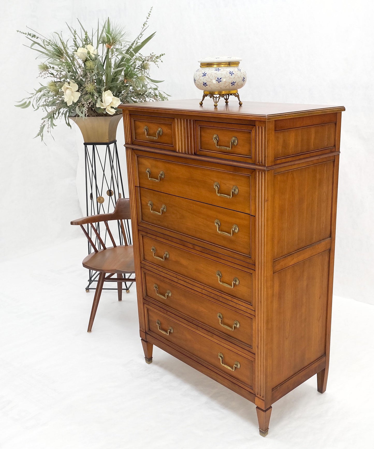 EstablishedLines Kindel 7 Drawers Fruitwood Heavy Brass Drop Pulls High Chest Tall Dresser Mint!