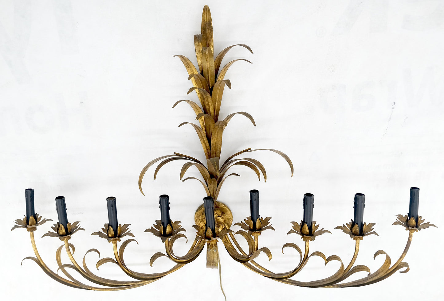 EstablishedLines 9 "Candles" Light Gilt Metal Sheaf of Leaves Motive Italian Wall Sconce MINT!