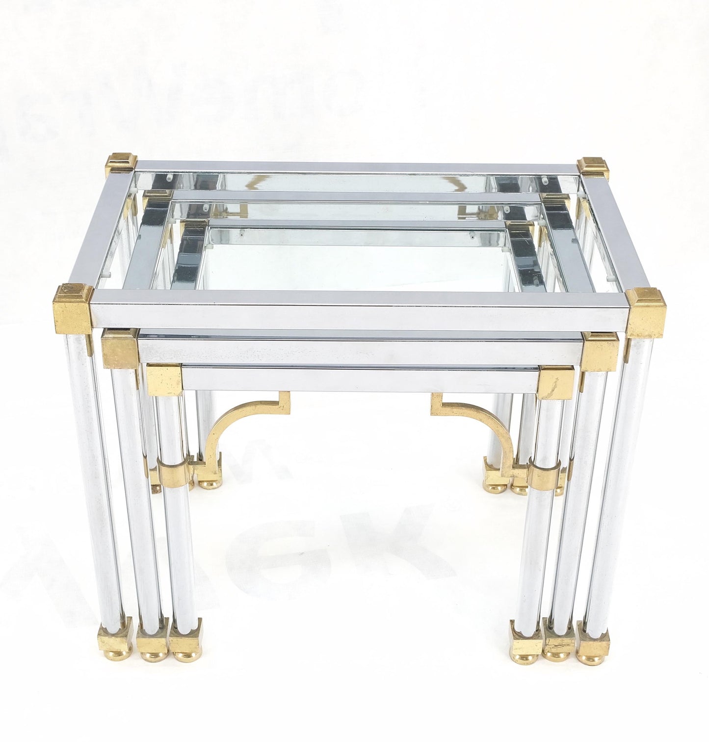 EstablishedLines Set of 3 Chrome & Brass Glass Tops End Nesting Side Lamp Tables MINT