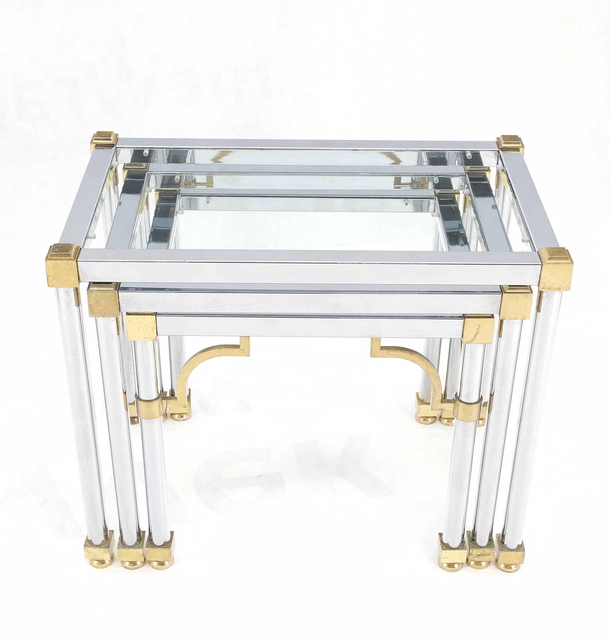 EstablishedLines Set of 3 Chrome & Brass Glass Tops End Nesting Side Lamp Tables MINT