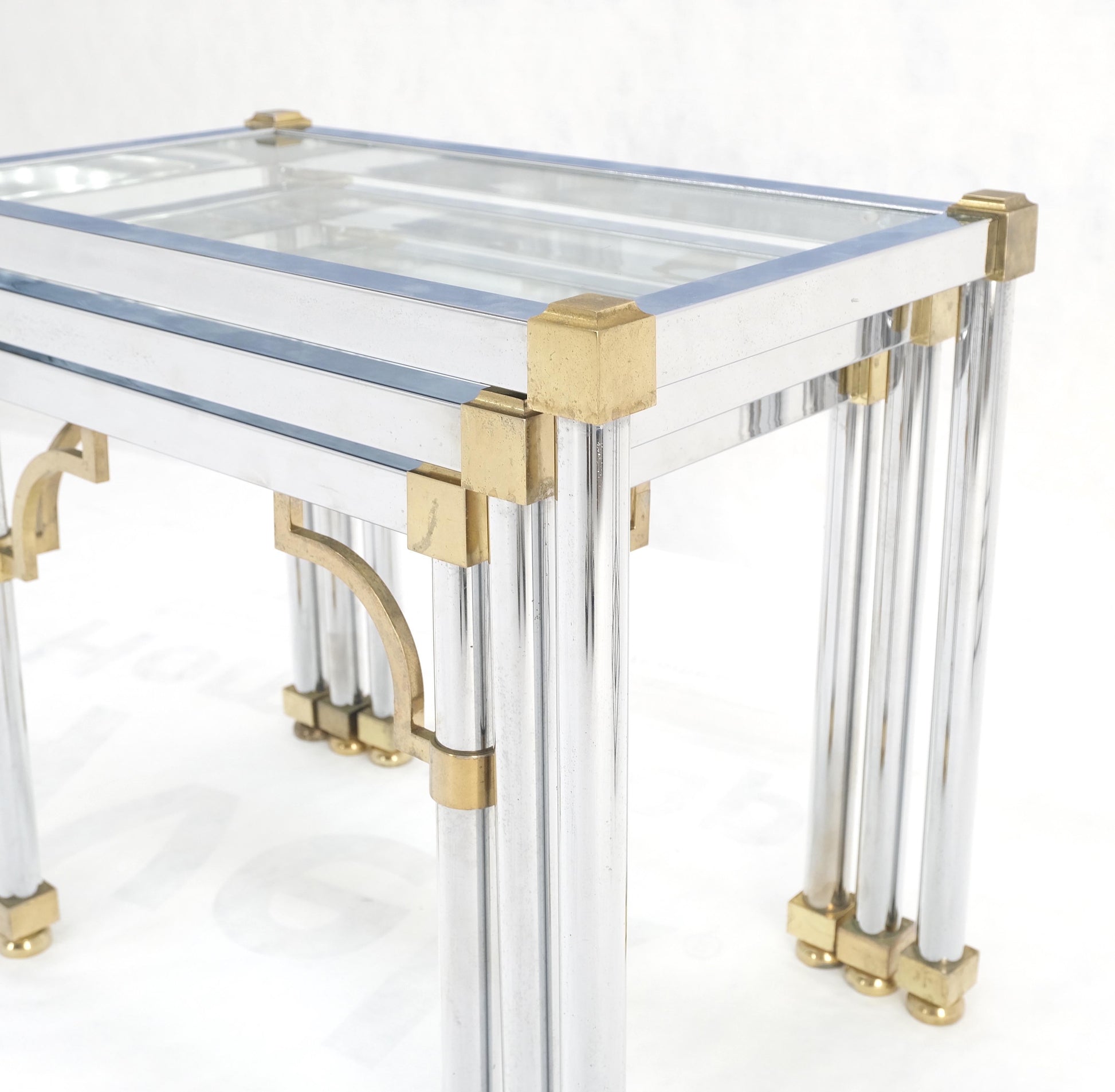 EstablishedLines Set of 3 Chrome & Brass Glass Tops End Nesting Side Lamp Tables MINT