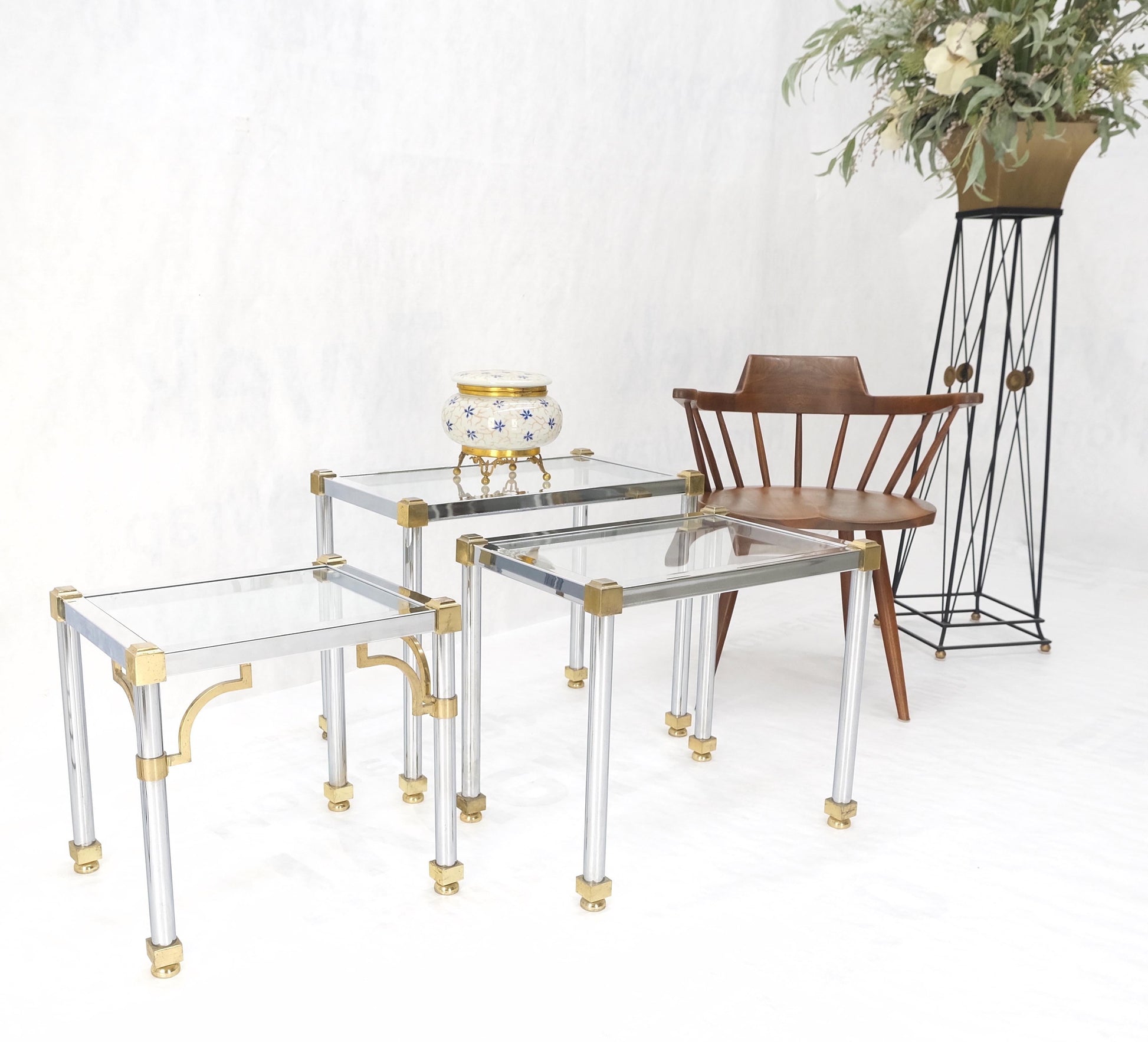 EstablishedLines Set of 3 Chrome & Brass Glass Tops End Nesting Side Lamp Tables MINT