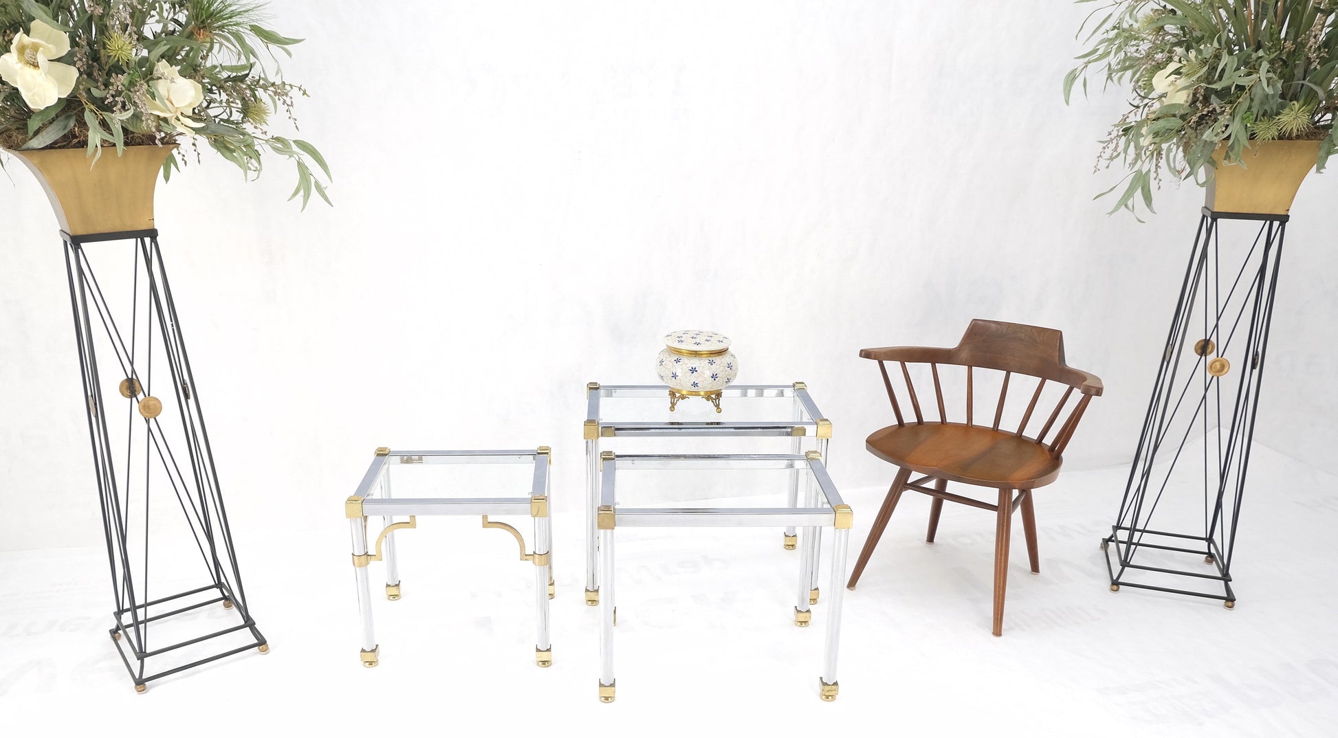 EstablishedLines Set of 3 Chrome & Brass Glass Tops End Nesting Side Lamp Tables MINT