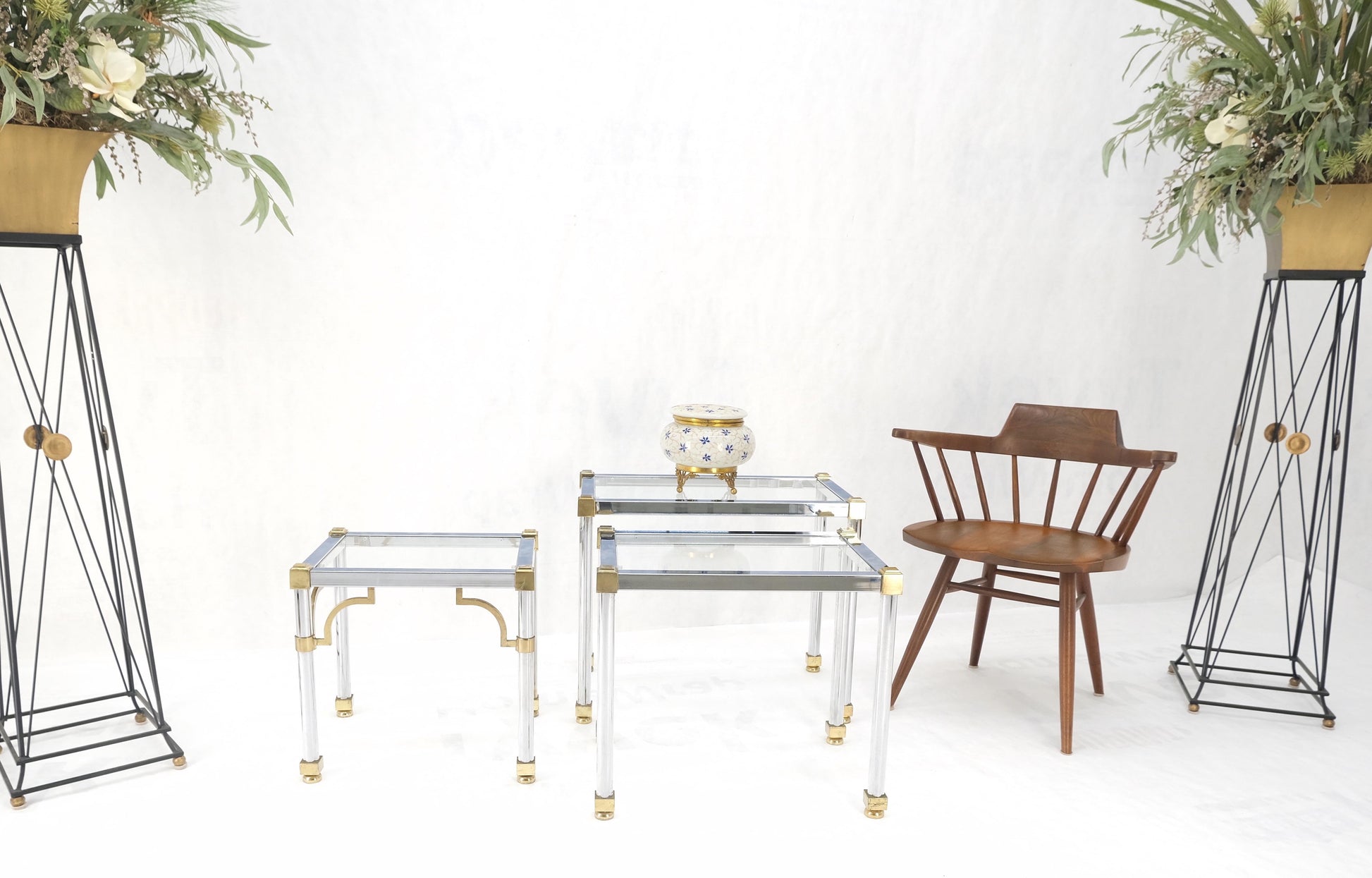 EstablishedLines Set of 3 Chrome & Brass Glass Tops End Nesting Side Lamp Tables MINT