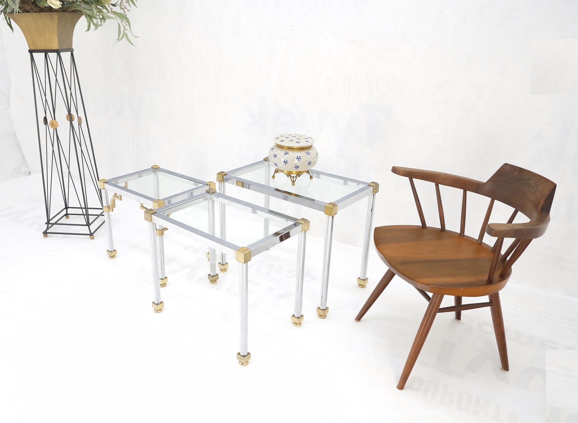 EstablishedLines Set of 3 Chrome & Brass Glass Tops End Nesting Side Lamp Tables MINT