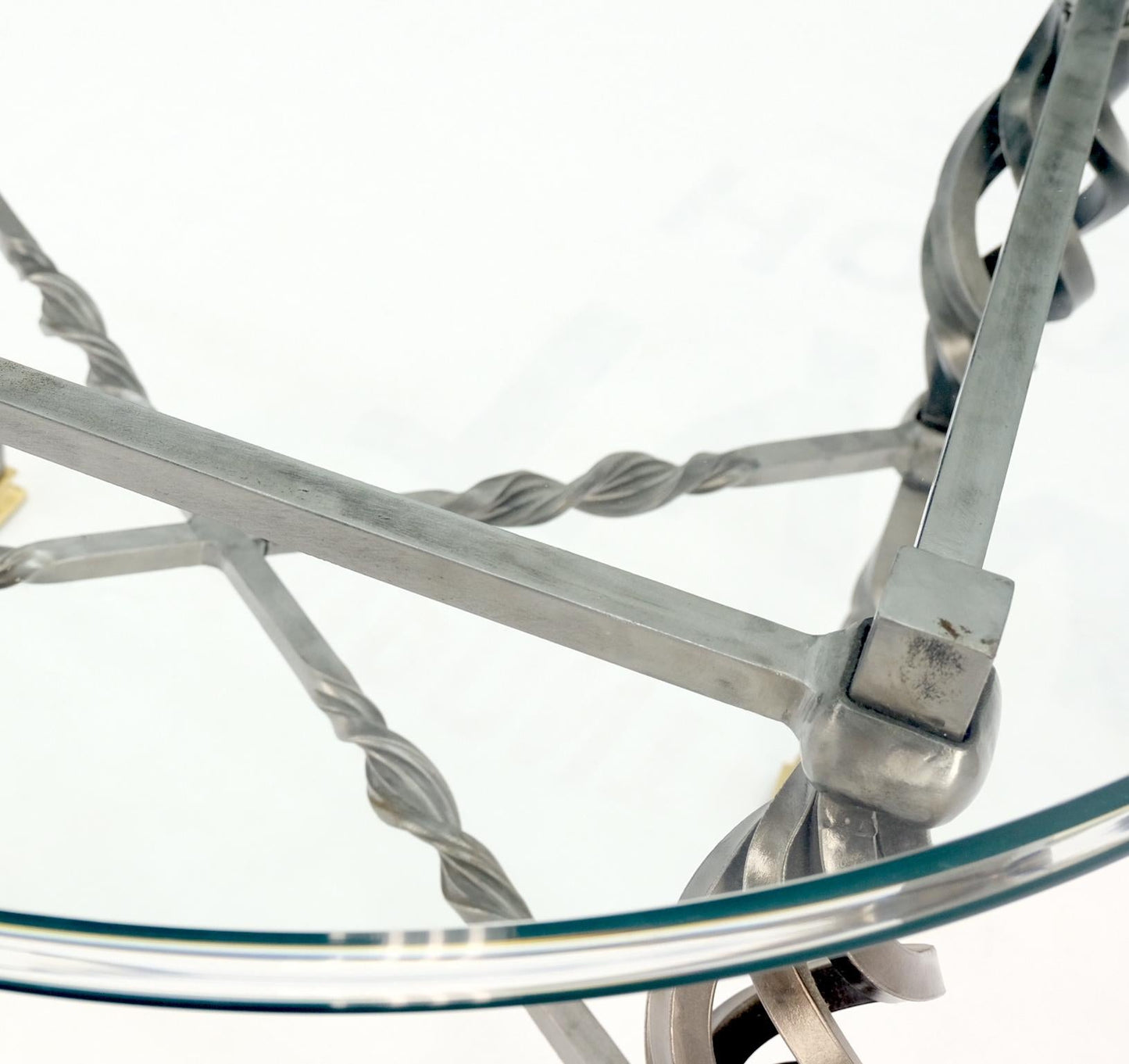 EstablishedLines Wrought Iron Art Ornament Brass Tips Feet Oval Glass Top Side End Coffee Table