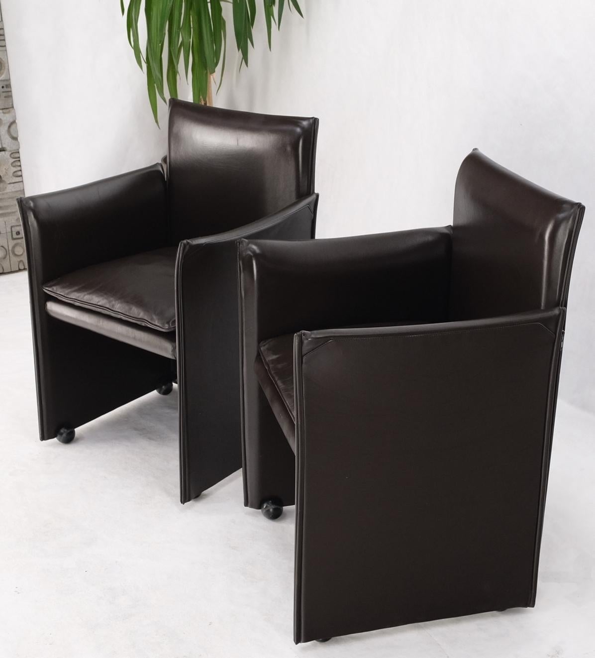 EstablishedLines Pair of Dark Brown Plum Leather Break Side Chairs Mario Bellini for Cassina Mint