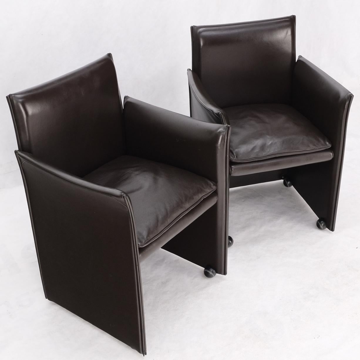 EstablishedLines Pair of Dark Brown Plum Leather Break Side Chairs Mario Bellini for Cassina Mint