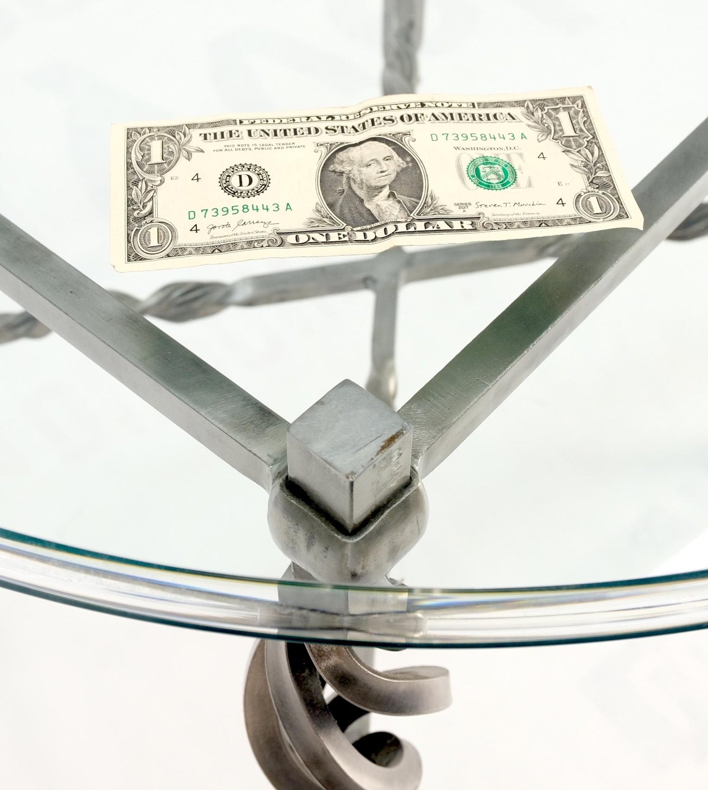 EstablishedLines Wrought Iron Art Ornament Brass Tips Feet Oval Glass Top Side End Coffee Table