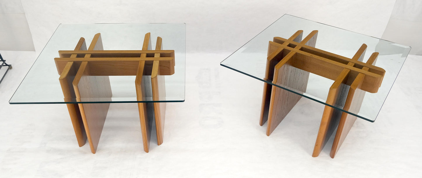 EstablishedLines Pair Danish Teak Mid Century Modern Glass Tops End Side Lamp Tables Stands Mint