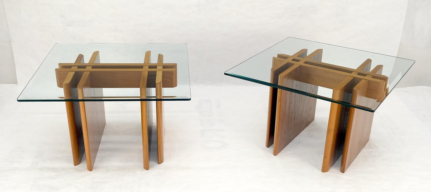 EstablishedLines Pair Danish Teak Mid Century Modern Glass Tops End Side Lamp Tables Stands Mint