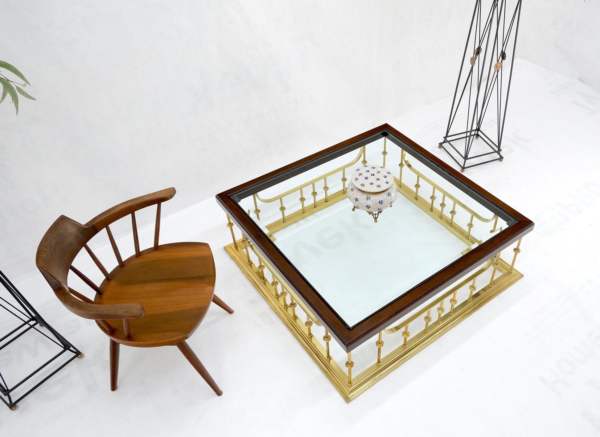 EstablishedLines Fireplace Area Style Metal Base Midcentury Square Glass Top Coffee Table Mint!