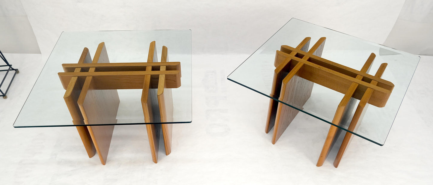 EstablishedLines Pair Danish Teak Mid Century Modern Glass Tops End Side Lamp Tables Stands Mint