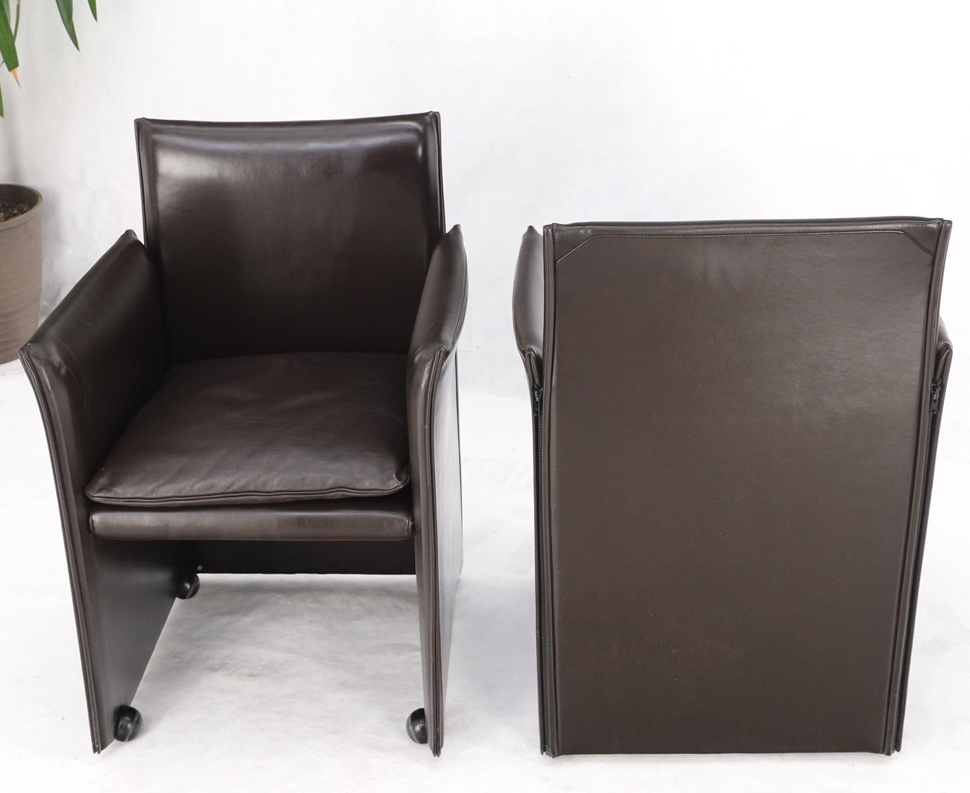 EstablishedLines Pair of Dark Brown Plum Leather Break Side Chairs Mario Bellini for Cassina Mint