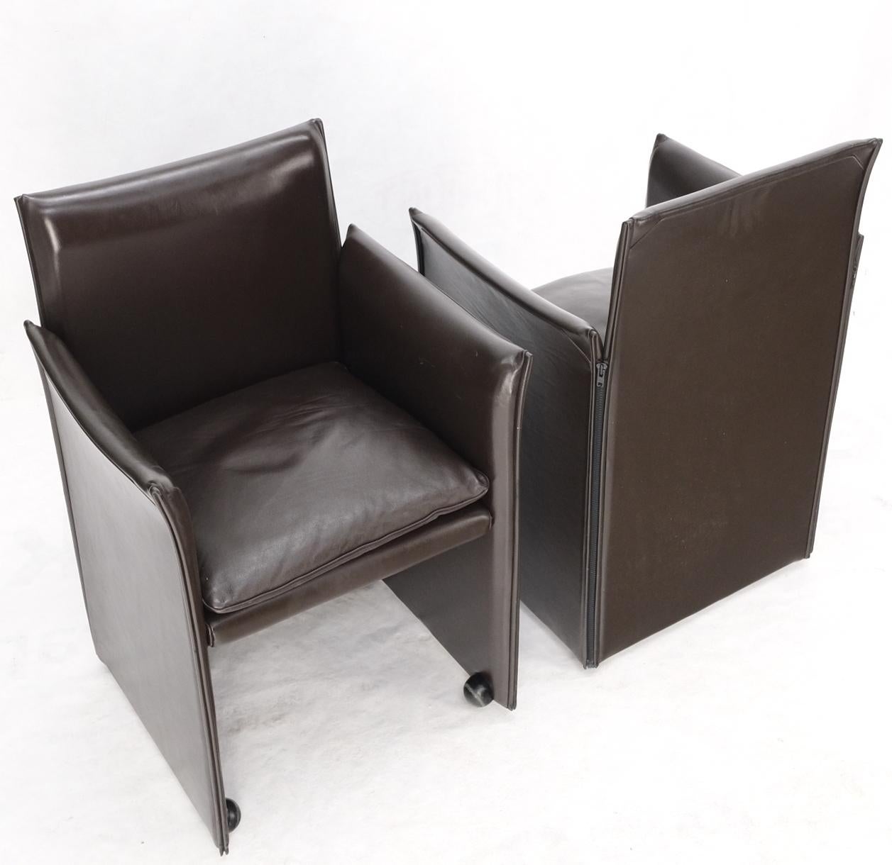 EstablishedLines Pair of Dark Brown Plum Leather Break Side Chairs Mario Bellini for Cassina Mint