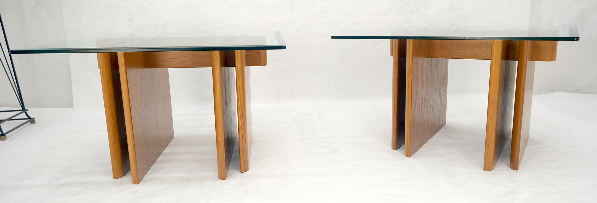 EstablishedLines Pair Danish Teak Mid Century Modern Glass Tops End Side Lamp Tables Stands Mint