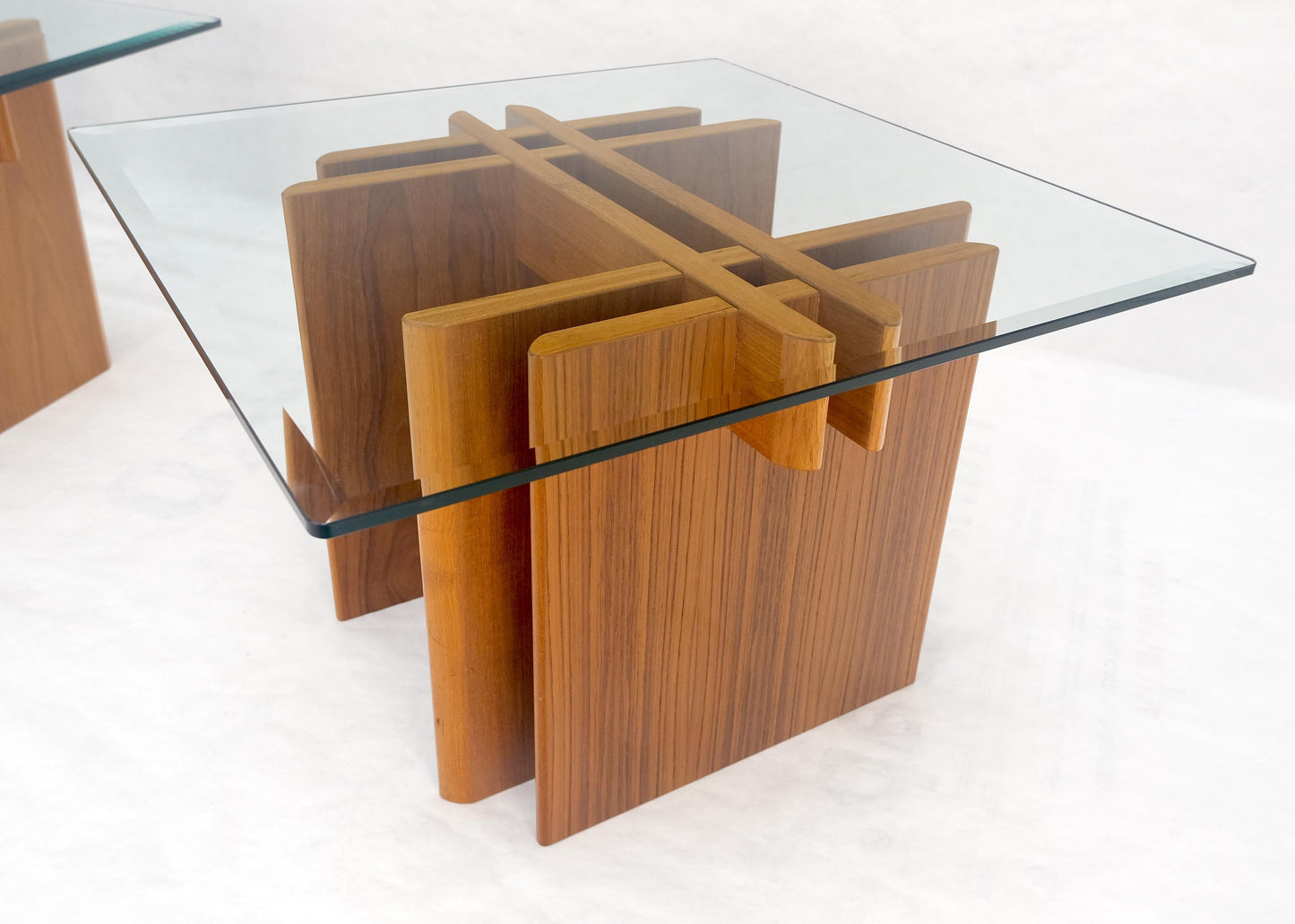 EstablishedLines Pair Danish Teak Mid Century Modern Glass Tops End Side Lamp Tables Stands Mint