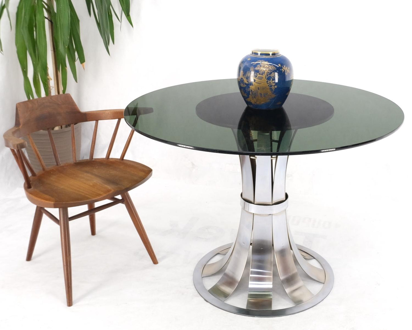 EstablishedLines Russel Woodard Polished Aluminum Base Round Smoked Glass Top Dining Cafe Table