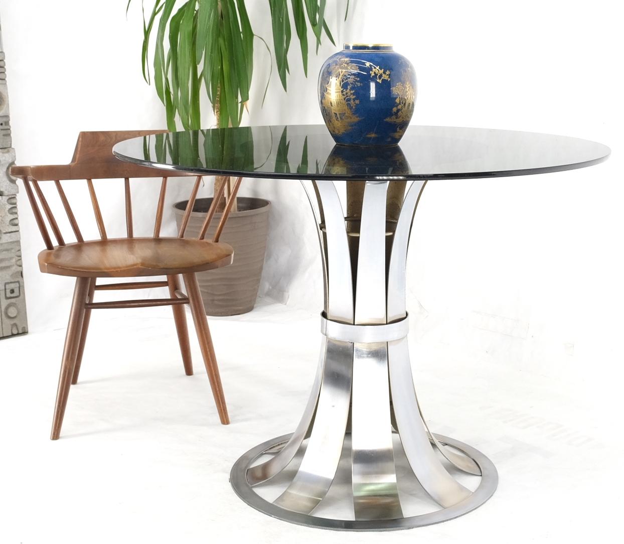 EstablishedLines Russel Woodard Polished Aluminum Base Round Smoked Glass Top Dining Cafe Table