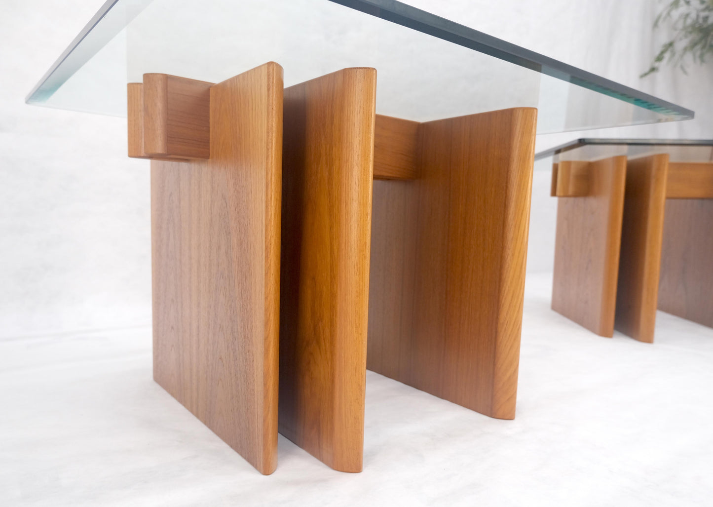 EstablishedLines Pair Danish Teak Mid Century Modern Glass Tops End Side Lamp Tables Stands Mint