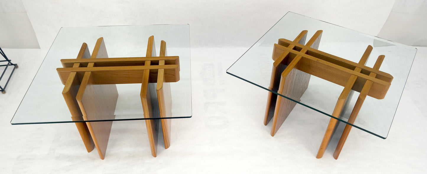 EstablishedLines Pair Danish Teak Mid Century Modern Glass Tops End Side Lamp Tables Stands Mint