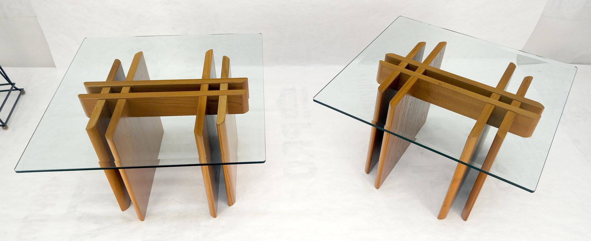 EstablishedLines Pair Danish Teak Mid Century Modern Glass Tops End Side Lamp Tables Stands Mint