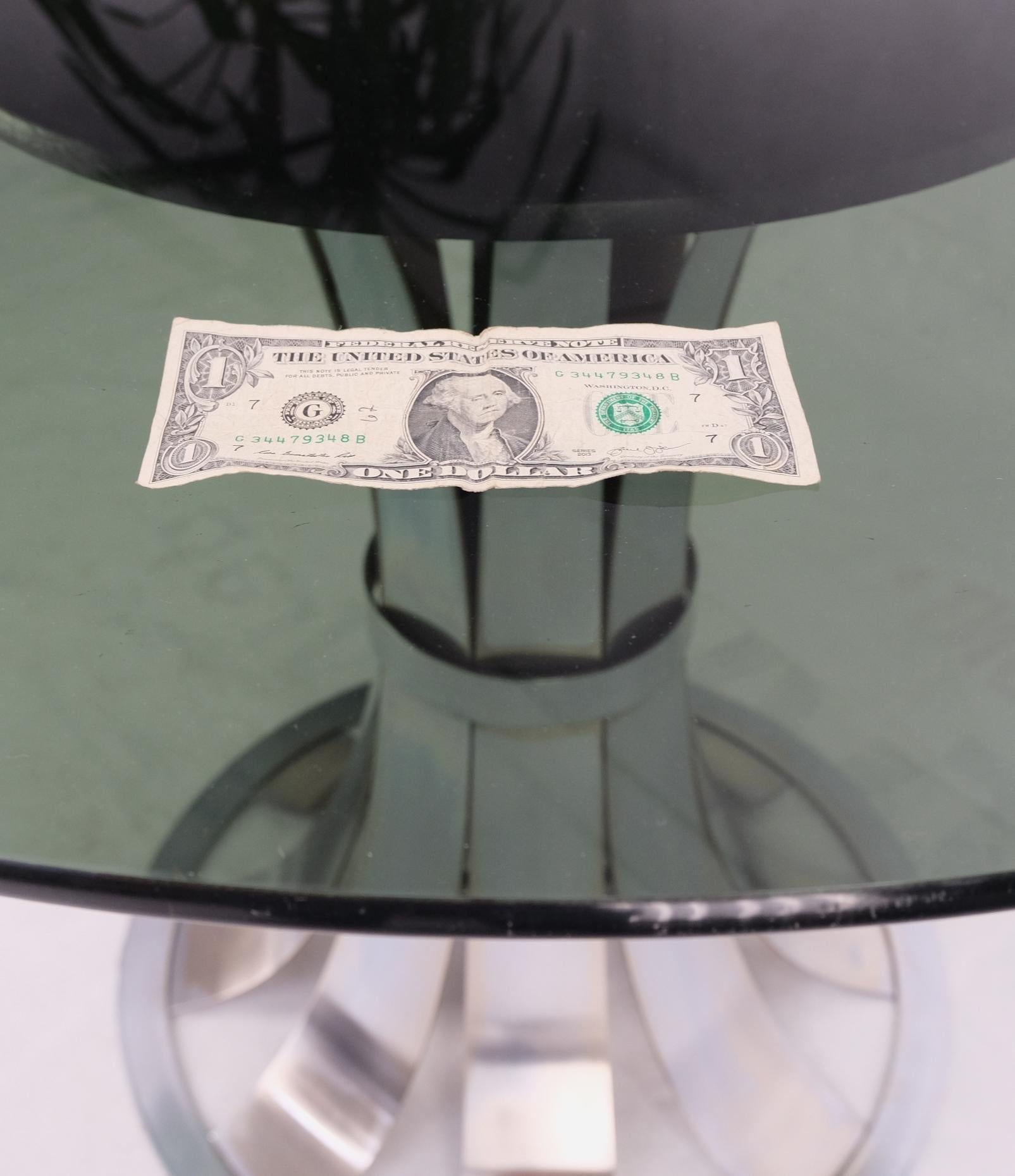 EstablishedLines Russel Woodard Polished Aluminum Base Round Smoked Glass Top Dining Cafe Table