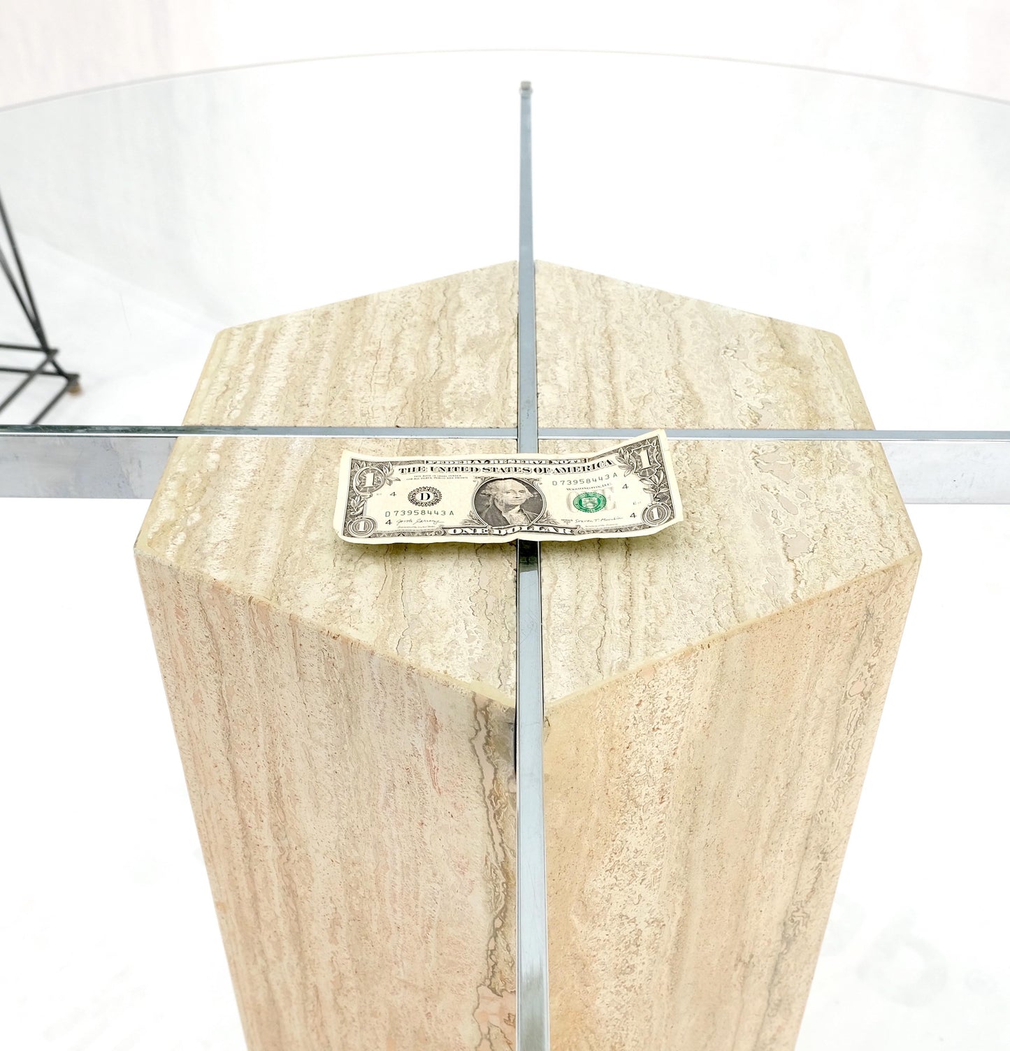 EstablishedLines Hexagon Italian Travertine Base Glass Rond Top Mid-Century Modern Dining Table