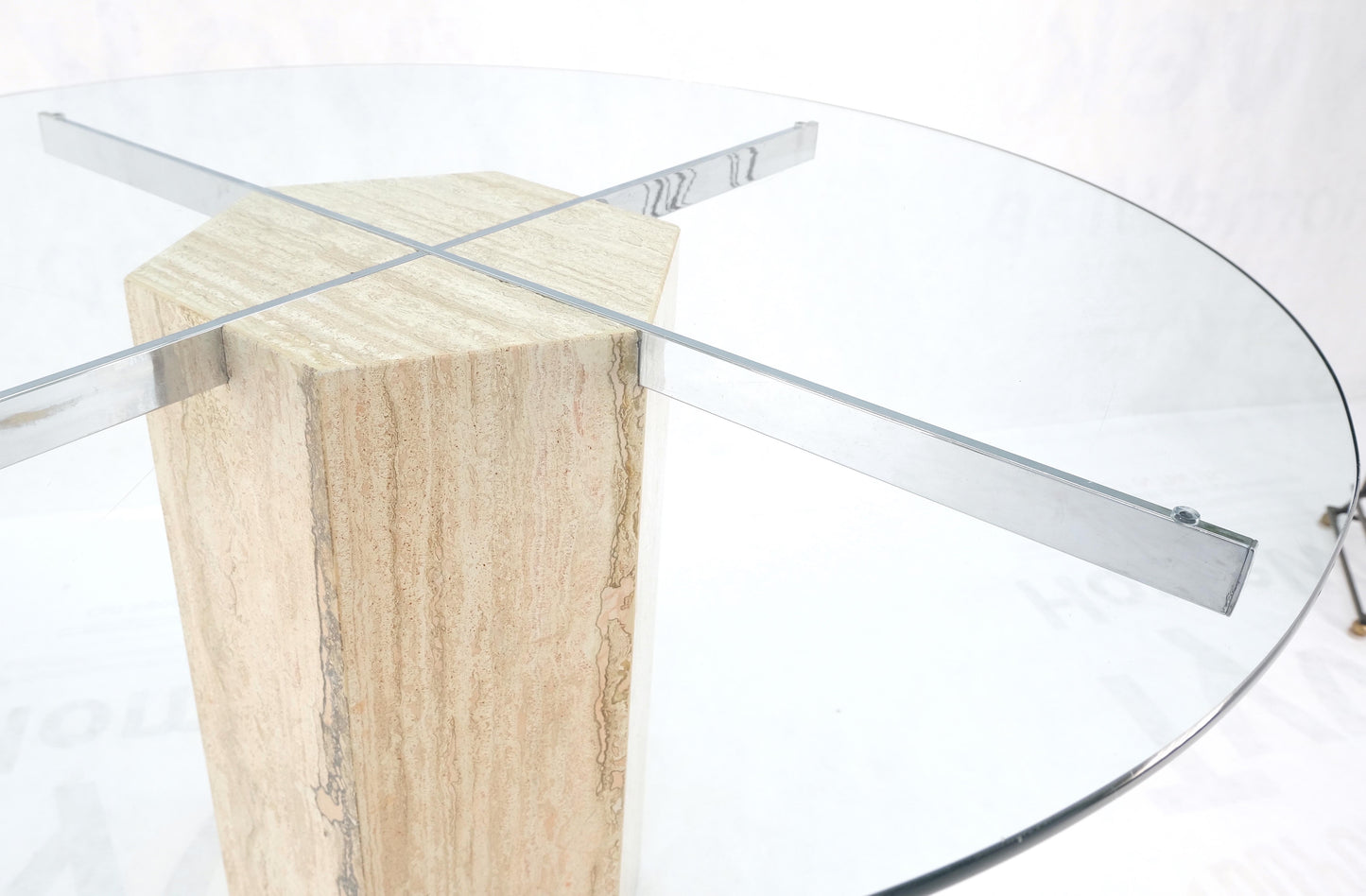 EstablishedLines Hexagon Italian Travertine Base Glass Rond Top Mid-Century Modern Dining Table