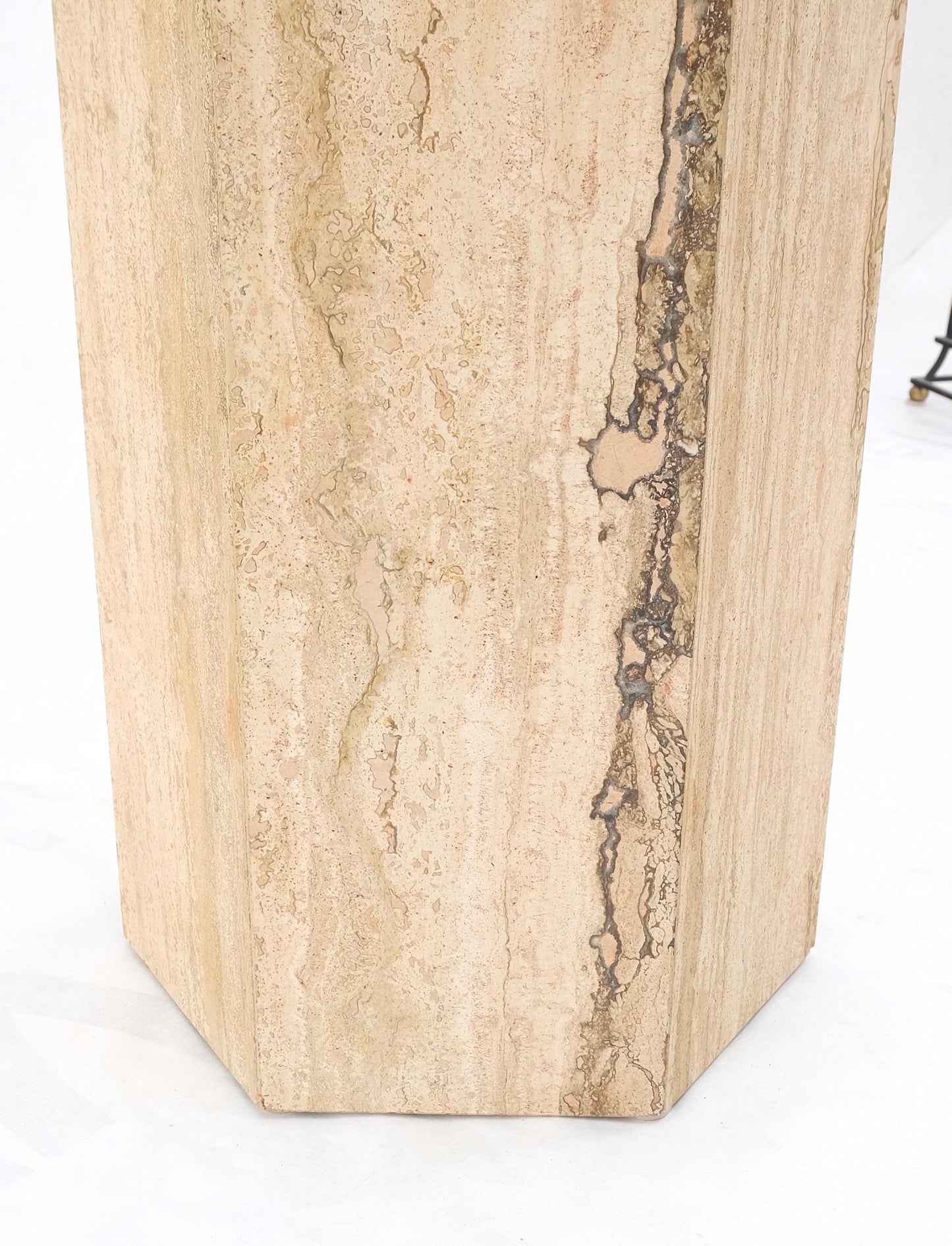 EstablishedLines Hexagon Italian Travertine Base Glass Rond Top Mid-Century Modern Dining Table