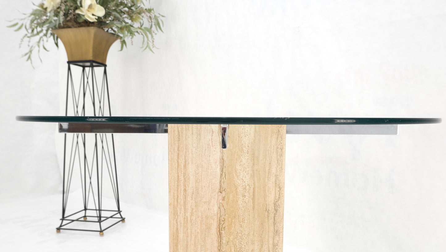 EstablishedLines Hexagon Italian Travertine Base Glass Rond Top Mid-Century Modern Dining Table