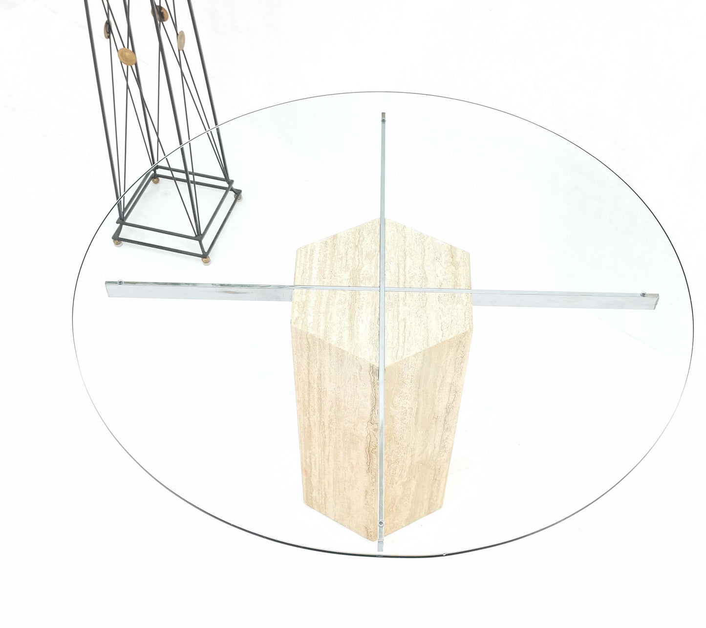 EstablishedLines Hexagon Italian Travertine Base Glass Rond Top Mid-Century Modern Dining Table