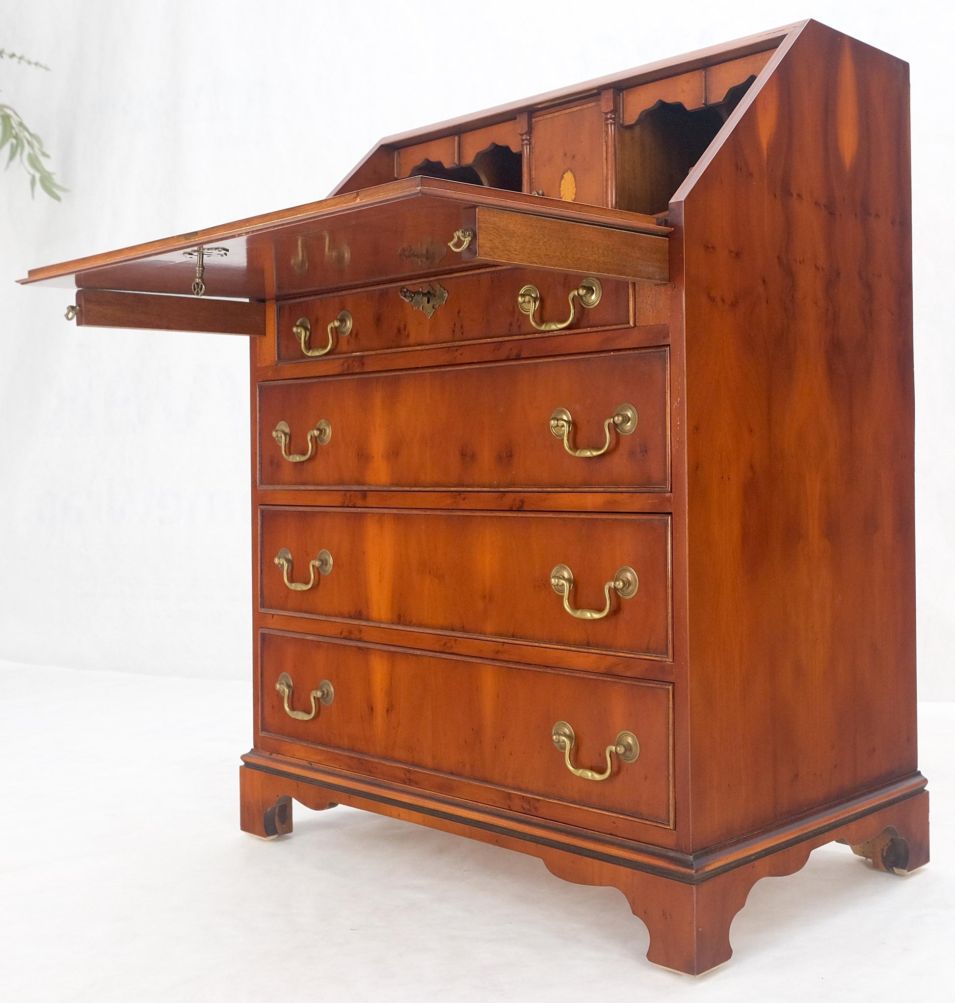 EstablishedLines Yew Wood Leather Top Drop Front Secretary Desk 3 Drawers Brass Hardware MINT!