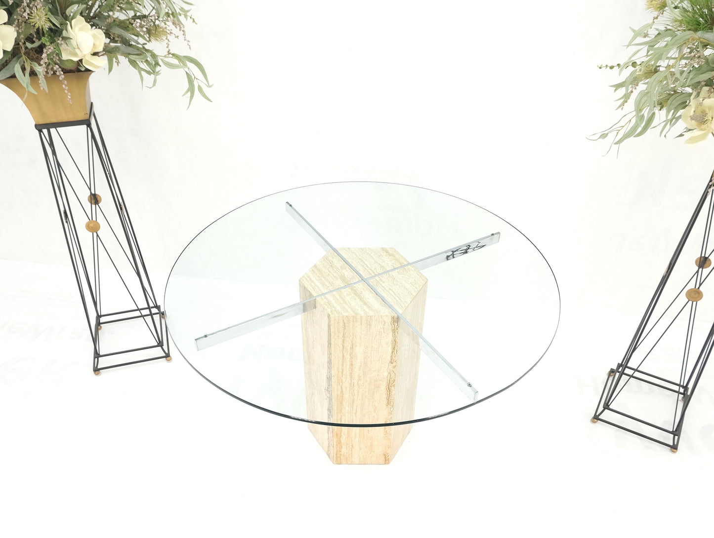 EstablishedLines Hexagon Italian Travertine Base Glass Rond Top Mid-Century Modern Dining Table