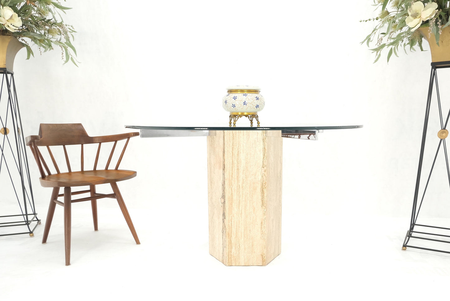 EstablishedLines Hexagon Italian Travertine Base Glass Rond Top Mid-Century Modern Dining Table